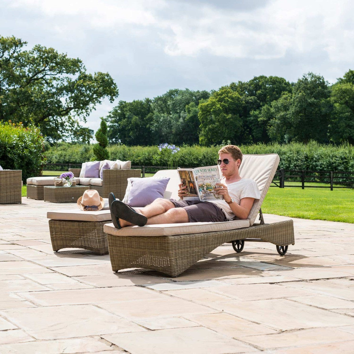 Set of 2 Maze Winchester Brown Rattan Sunlounger Set with Table